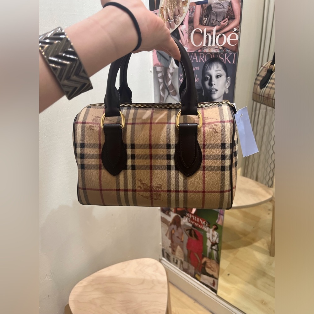 Burberry Beige Plaid Top-Handle Satchel with Dark Brown Trim - Picture 6 of 10
